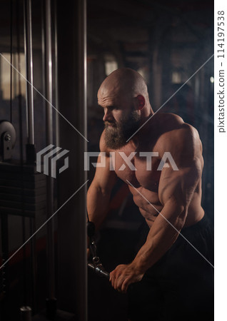 Bald Caucasian Bodybuilder doing heavy triceps exercises with cable.  114197538