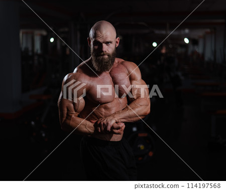 Caucasian bald man posing in the gym. 114197568
