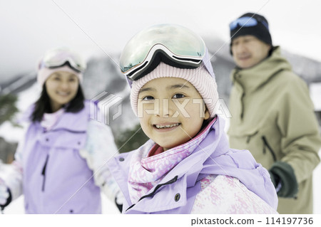 Family, parents and daughter enjoying skiing on snowy mountain Family, parents and daughter enjoying skiing on snowy mountain 114197736