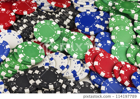 Different colors of casino chips fill the entire space frame Different colors of casino chips fill the entire space frame 114197789