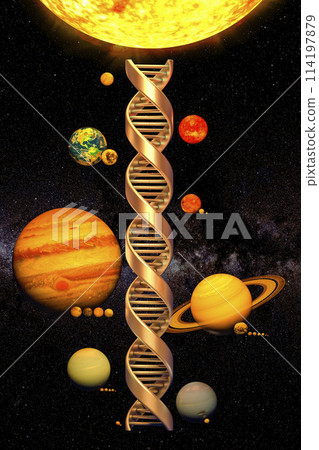 Golden DNA spiral with planets of Solar system with satellites in Space. 3D rendering 114197879