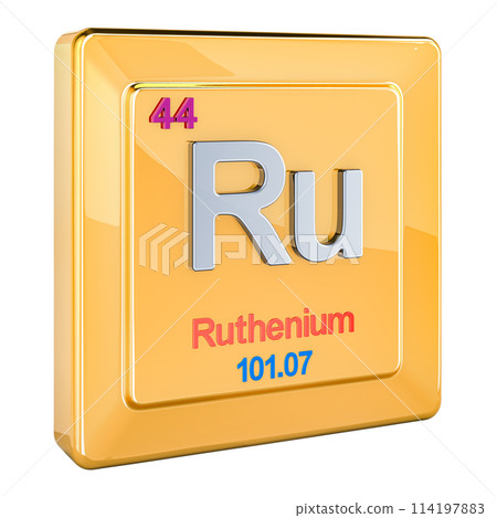 Ruthenium Ru, chemical element sign with number 44 in periodic table. 3D rendering Ruthenium Ru, chemical element sign with number 44 in periodic table. 3D rendering 114197883