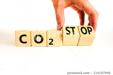 CO2 stop symbol. Concept word CO2 or CO2 stop on a beautiful wooden cubes. Beautiful white table white background. Businessman hand. Business ecological and CO2 stop concept. Copy space. 114197949
