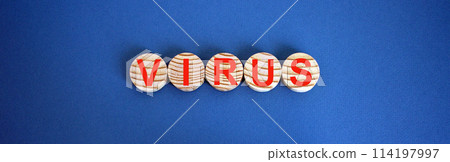 COVID-19 Pandemic Coronavirus concept. Wooden circles with the inscription virus. COVID-19 Pandemic Coronavirus concept. Wooden circles with the inscription virus. 114197997