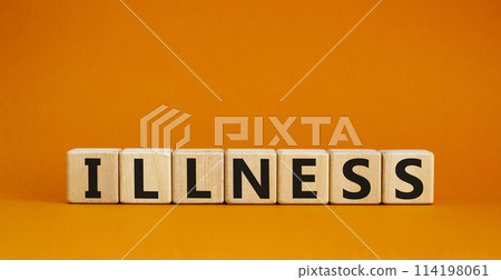 Illness symbol. Wooden cubes with word 'illness'. Beautiful orange background. Medical and illness concept. Copy space. 114198061
