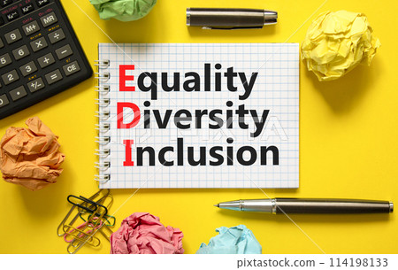EDI equality diversity inclusion symbol. Concept words EDI equality diversity inclusion on white note. Beautiful yellow background. Business EDI equality diversity inclusion concept. Copy space. EDI equality diversity inclusion symbol. Concept words EDI equality diversity inclusion on white note. Beautiful yellow background. Business EDI equality diversity inclusion concept. Copy space. 114198133