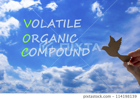 VOC volatile organic compound symbol. Concept words VOC volatile organic compound on beautiful blue sky clouds background. Wooden bird. Business VOC volatile organic compound concept. Copy space. 114198139