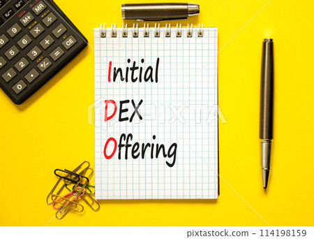 IDO initial DEX offering symbol. Concept words IDO initial DEX offering on beautiful white note. Beautiful yellow background. Black calculator. Business IDO initial DEX offering concept. Copy space. IDO initial DEX offering symbol. Concept words IDO initial DEX offering on beautiful white note. Beautiful yellow background. Black calculator. Business IDO initial DEX offering concept. Copy space. 114198159