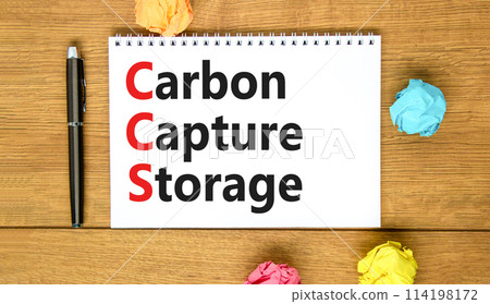 CCS Carbon capture storage symbol. Concept words CCS Carbon capture storage on beautiful white note. Beautiful wooden table background. Business ecological Carbon capture storage concept. Copy space. 114198172