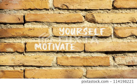 Motivate yourself symbol. Concept words Motivate yourself on beautiful brick wall. Beautiful red brown brick wall background. Business psychology motivate yourself concept. Copy space. Motivate yourself symbol. Concept words Motivate yourself on beautiful brick wall. Beautiful red brown brick wall background. Business psychology motivate yourself concept. Copy space. 114198221