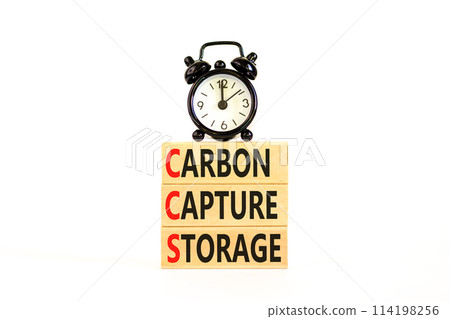 CCS Carbon capture storage symbol. Concept words CCS Carbon capture storage on beautiful wooden blocks. Beautiful white background. Business ecological Carbon capture storage concept. Copy space. 114198256