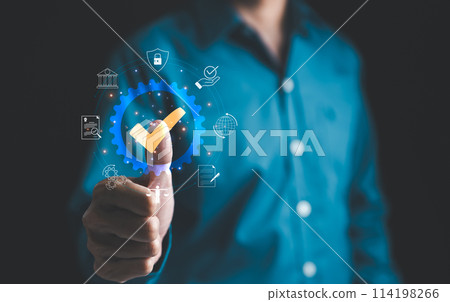 Standard quality control certification assurance guarantee concept. Businessman touching the check mark approve certificate. Quality assurance QA, Quality control QC, Compliance with regulations, 114198266