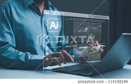 AI image creation technology. Man use AI software on a laptop to generate images, showcasing a futuristic user interface. screen with visual prompt. Image generated by artificial intelligence. photo, 114198296