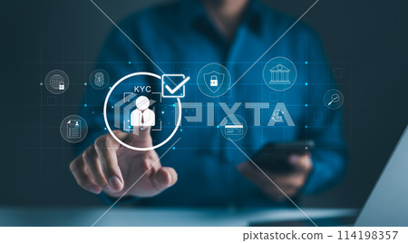 Interactive KYC compliance interface with the user. Business professional interacting with a Know Your Customer (KYC) compliance and security interface on digital screen. Identity verification, E KYC, 114198357