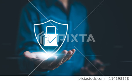 Cyber security concept with virtual lock shield. Person presenting a glowing virtual shield with a padlock symbolizes cybersecurity and data protection. information safety. digital encryption privacy, Cyber security concept with virtual lock shield. Person presenting a glowing virtual shield with a padlock symbolizes cybersecurity and data protection. information safety. digital encryption privacy, 114198358