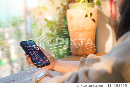 Customer review satisfaction feedback survey concept. Online customer feedback and rating on smartphone. Scores and star ratings in user review app. Service experience, Evaluation of product quality, 114198359