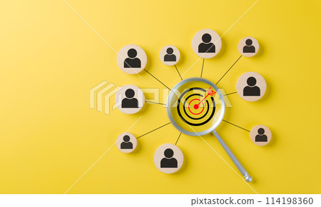 CRM, Customer relationship management concept. Graphic illustration of customer profiles connected to a target represents customer relationship management and targeted marketing strategies. Business, CRM, Customer relationship management concept. Graphic illustration of customer profiles connected to a target represents customer relationship management and targeted marketing strategies. Business, 114198360