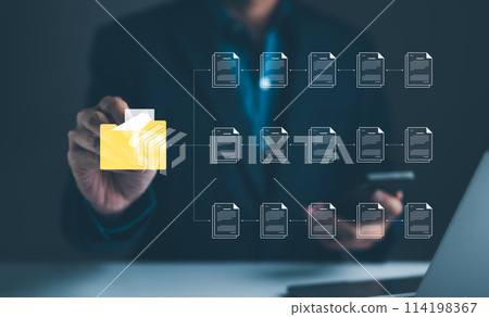 DMS Concept. Businessman interacting with a digital document management system interface, showcasing organization and technology integration. folder to manage document files data, archiving storage, 114198367