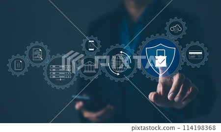 Cybersecurity Management and Data Protection Concept. Showcasing a cyber security management interface with icons representing secure data, cloud storage, and network protection. Encryption privacy, 114198368