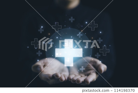 Businessman holding virtual blue plus sign for positive thinking mindset or healthcare insurance symbol concept for mental rejuvenation. Business value added. increase investment growth, benefits add, 114198370
