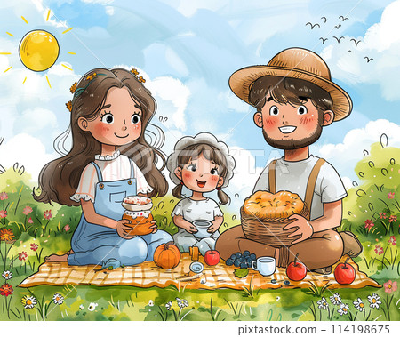 Cartoon family enjoying a picnic 114198675