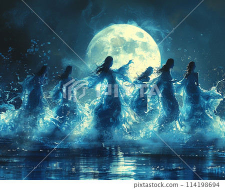 Water sprites dancing in a moonlit pool 114198694