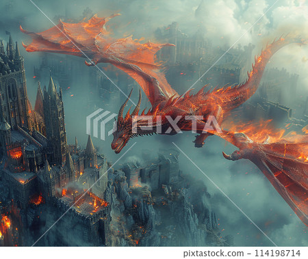 Dragon soaring above a medieval castle 114198714