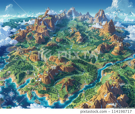 Map of a fictional world with diverse biomes 114198717