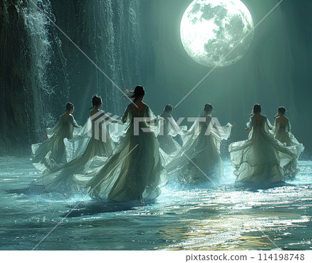 Water spirits dancing in a moonlit pool Water spirits dancing in a moonlit pool 114198748
