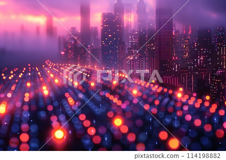 Futuristic City Map with Pixelated Traffic Flow A digital grid blurs with moving dots 114198882