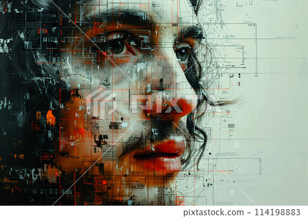 Pixelated Portrait of an Iconic Historical Figure The face blurs into a grid 114198883