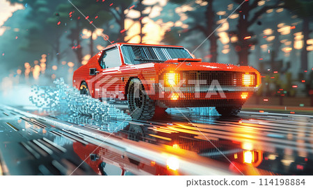 Retro-Styled Pixelation of a Classic Car in Motion The vehicles form blurs into pixels 114198884