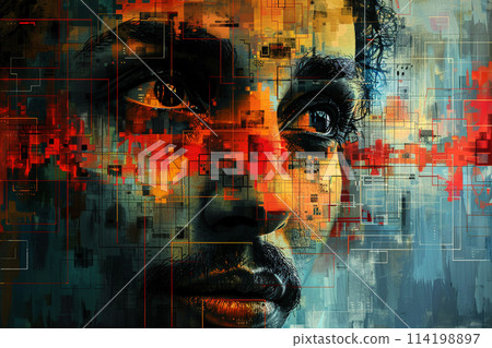 Pixelated Portrait of an Iconic Historical Figure The face blurs into a grid 114198897