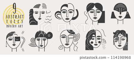 Big Set of Various Faces, abstract shapes. Ink painting style. Contemporary Hand drawn Vector illustrations. Continuous line, minimalistic elegant concept. 114198968