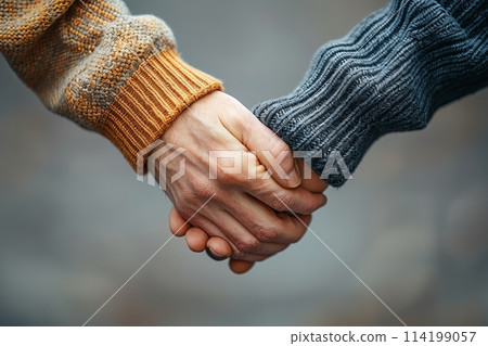 Close-up of Two People Holding Hands in Warm Sweaters 114199057