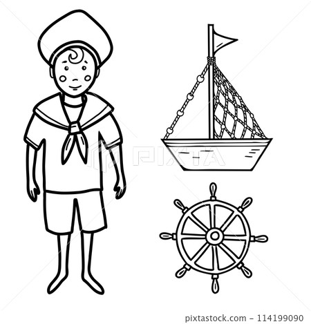 Marine set of little sailor boy, cute ship, boat and steering wheel illustration in doodle style isolated. Marine set of little sailor boy, cute ship, boat and steering wheel illustration in doodle style isolated. 114199090