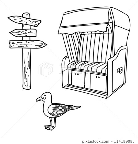 Sea set. Hooded beach chair from baltic or north sea, Germany, wooden signpost and cute seagull. Hand drawn vector illustration. Simple sketch isolated. 114199093