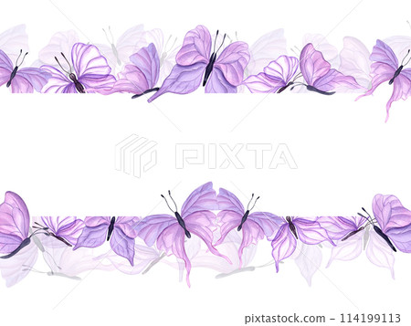 Fluttering pink butterflies of various shapes. Horizontal frame of abstract watercolor tropical insects. Hand drawn illustration for wedding invitation, greetings. Copy space for text. Fluttering pink butterflies of various shapes. Horizontal frame of abstract watercolor tropical insects. Hand drawn illustration for wedding invitation, greetings. Copy space for text. 114199113