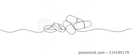 One continuous linear drawing of a scattering of tablets and capsules. Pharmaceutical drugs, medicines, vitamins, antibiotics in a simple linear style One continuous linear drawing of a scattering of tablets and capsules. Pharmaceutical drugs, medicines, vitamins, antibiotics in a simple linear style 114199179