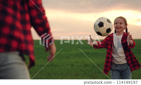 mother playing with child kid soccer field, child playing soccer ball with parent green lawn, happy family, sunny day football, young soccer player, soccer training alone, football game outside, open 114199197