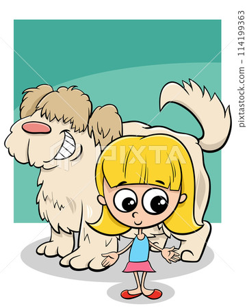 cartoon girl with big shaggy dog character 114199363