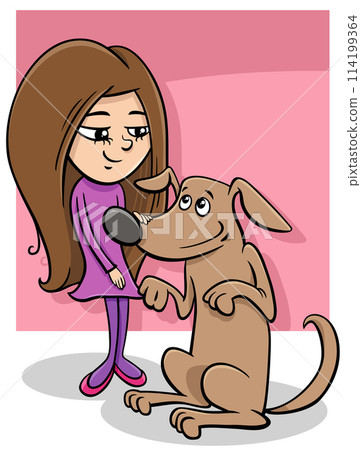 cartoon girl with funny brown dog character cartoon girl with funny brown dog character 114199364