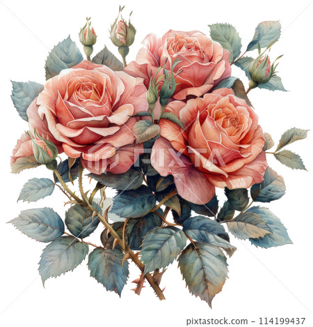 watercolor painting of a bouquet of vintage roses. watercolor painting of a bouquet of vintage roses. 114199437