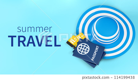 Summer travel concept banner with chic womens striped hat, passports and boarding passes on turquoise backdrop, top view. Summer vacation or online booking concept. Vector illustration 3d render. 114199438