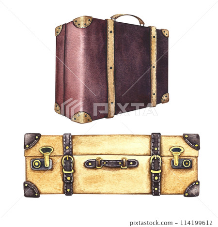 Vintage suitcases. A set of hand-painted watercolor illustrations of vintage luggage. Isolate it. In dark red and ochre colors. For banners, flyers, posters. For postcards and tickets. 114199612