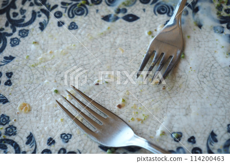 An empty dirty plate with a fork. 114200463