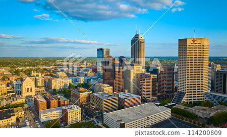 Aerial Golden Hour Skyline of Indianapolis with Skyscrapers Aerial Golden Hour Skyline of Indianapolis with Skyscrapers 114200809