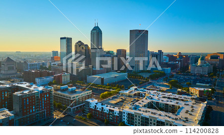 Aerial Indianapolis Cityscape at Golden Hour with Skyscrapers 114200828