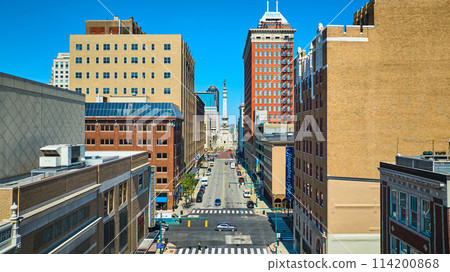 Aerial Downtown Indianapolis Street with Monument Circle View 114200868