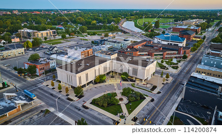 Delaware County Court Administration building in downtown Muncie, Indiana aerial Delaware County Court Administration building in downtown Muncie, Indiana aerial 114200874